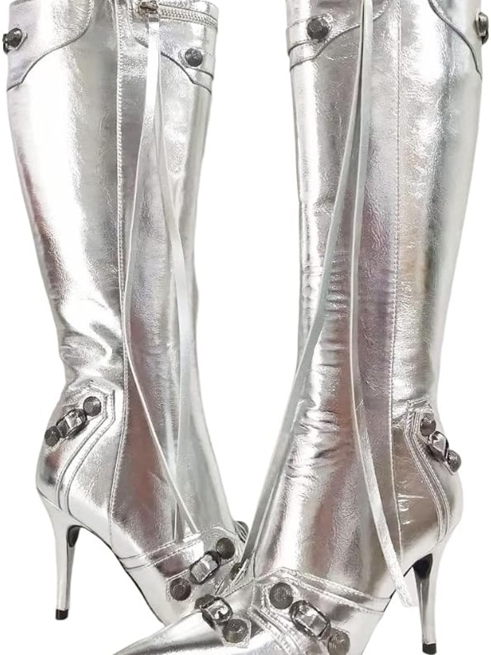 Silver Metallic Knee-High Stiletto Boots with Decorative Straps